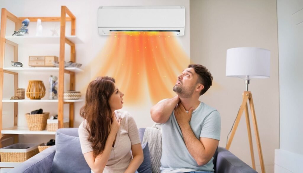 A couple sitting on a couch, feel warm air from a wall-mounted air conditioning because your ac not blowing cold air unit in a cozy living room setting.