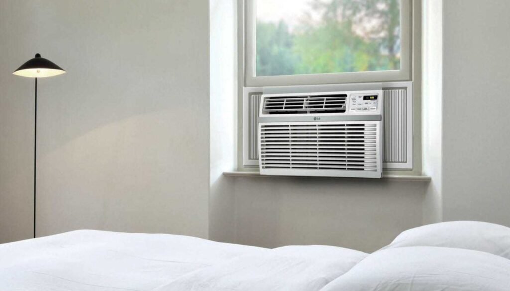 A white LG ductless window air conditioner installed in a room with a bed and a standing lamp, against a light-colored wall.