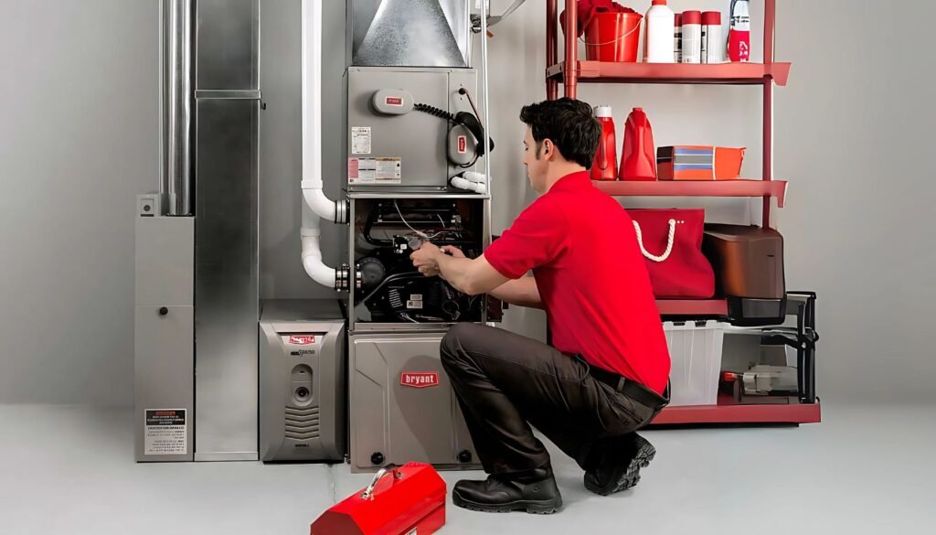 A technician in a red shirt repairs a Bryant furnace, tools in hand, in a well-organized utility space with storage shelves—perfect for those searching for furnace installers near me to ensure expert service.