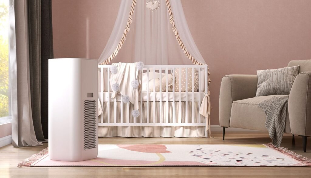 A cozy nursery featuring a white crib adorned with soft decor, a pink air purifier, a beige sofa, and the added comfort of Whole House Dehumidifiers to maintain fresh air and optimal humidity levels, with sunlight streaming in.