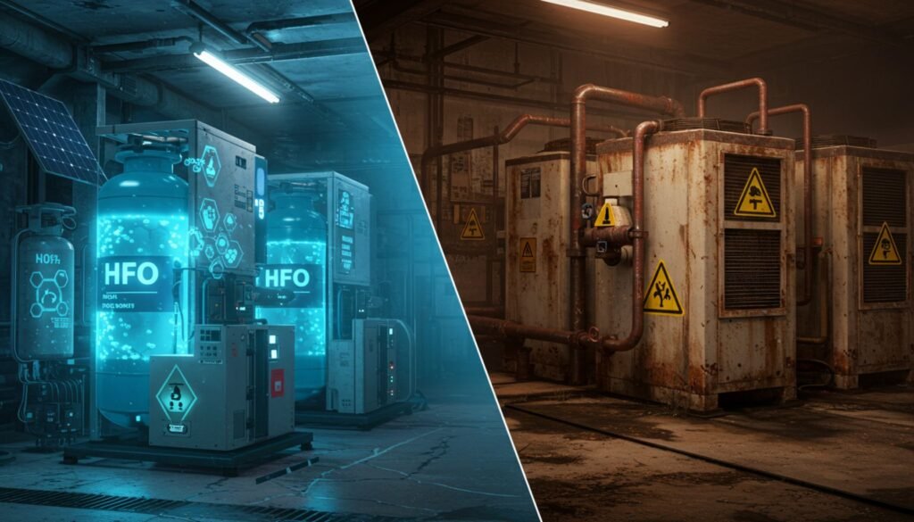A futuristic lab showcases glowing HFO tanks and rusty cooling units, highlighting the shift to the New Refrigerant 2025.