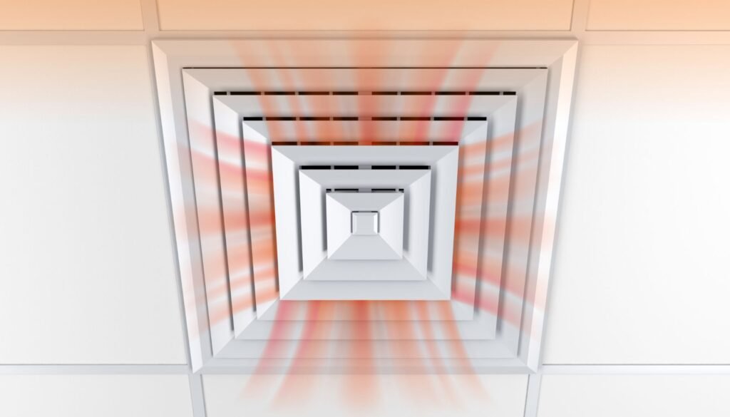 A geometric view of a square vent emitting warm air, highlighting what temp air comes out of vents heat on with a gradient effect.