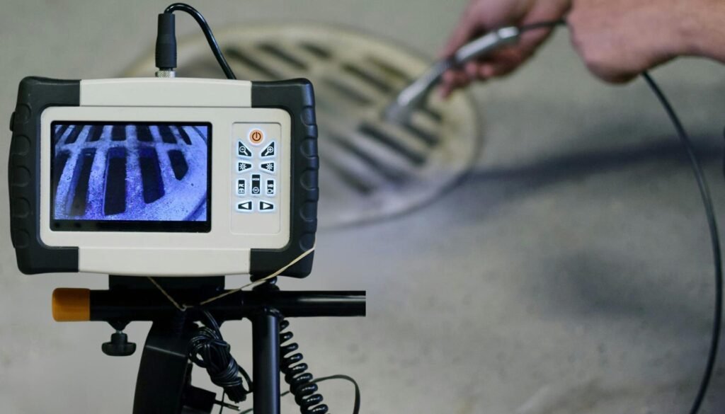 A camering plumbing monitor displays a close-up view of a drain grate while a person prepares a probing tool for inspection.