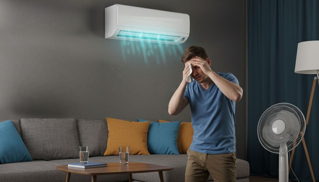 A man looks frustrated in a cozy room, dealing with an AC unit not blowing cold air