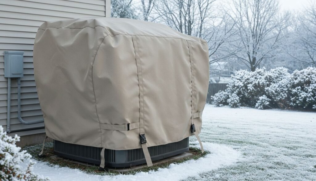 A beige air conditioner cover protects an outdoor air conditioning unit from snow in a wintery landscape, surrounded by frost on the grass.