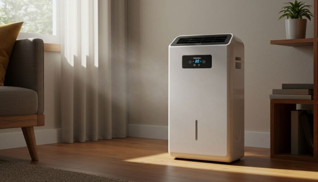 A sleek white portable house dehumidifiers emits mist in a warmly lit room with a couch and a potted plant nearby.