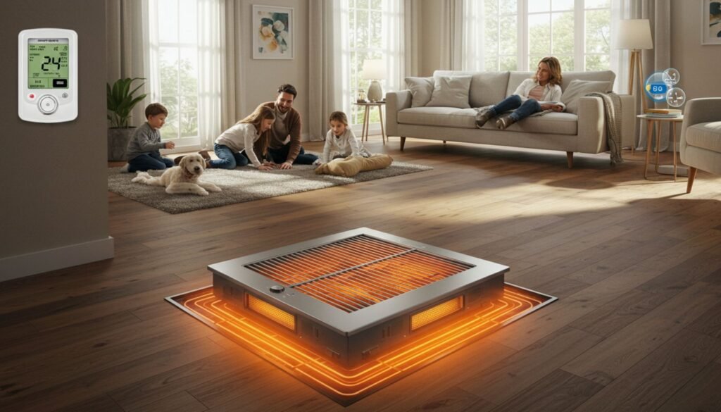 A cozy living room featuring a recessed floor furnace emitting warm light, with children and a dog sitting on the floor, enjoying family time.