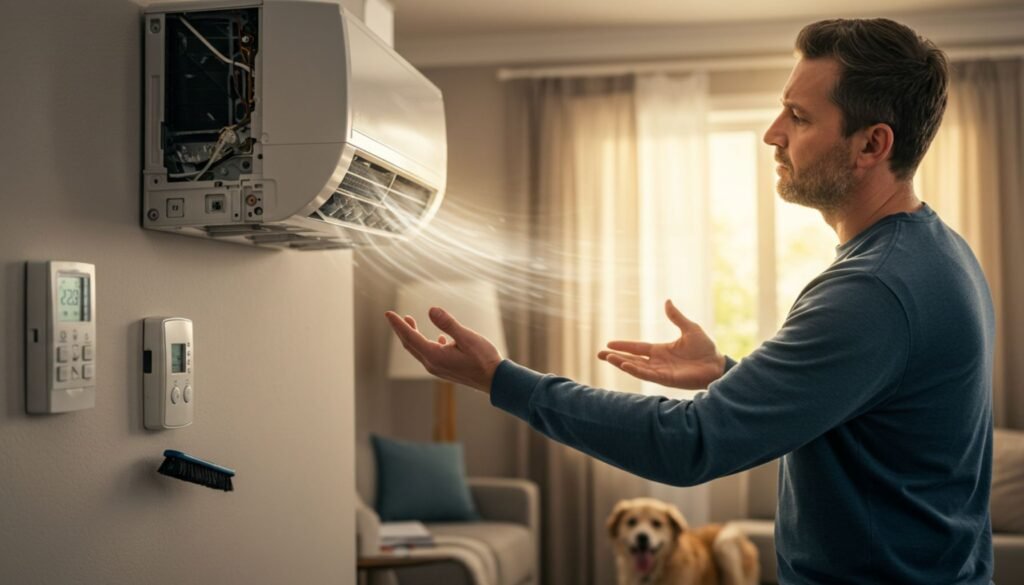 A man gestures toward a wall-mounted air conditioner, seemingly puzzled by the issue of his House AC Not Blowing Cold Air, while a dog relaxes nearby with sunlight filtering through the curtains.