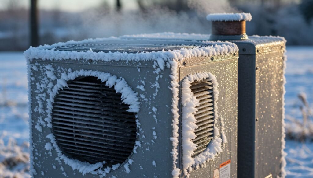 Frost-covered outdoor HVAC unit surrounded by snow, with steam rising from the top in a chilly winter setting — a common sight when there's Ice on Outside of Portable Heat Pump during freezing conditions.