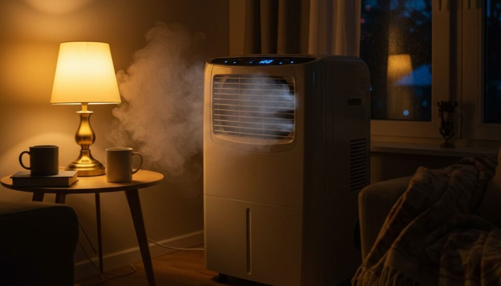 A cozy living room scene featuring a humidifier beside a lamp and two mugs on a table, creating a warm, inviting atmosphere—despite a faint Portable Heat Pump Sulfur Smell lingering in the air.