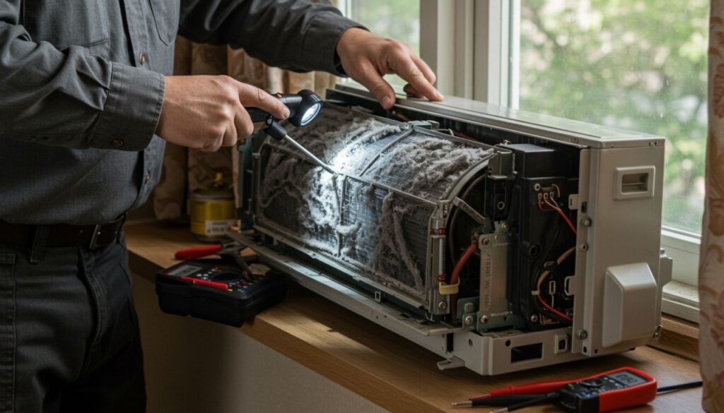 A technician inspects a dusty window air conditioner repair unit with a flashlight, revealing a buildup of dirt and debris on the filter.