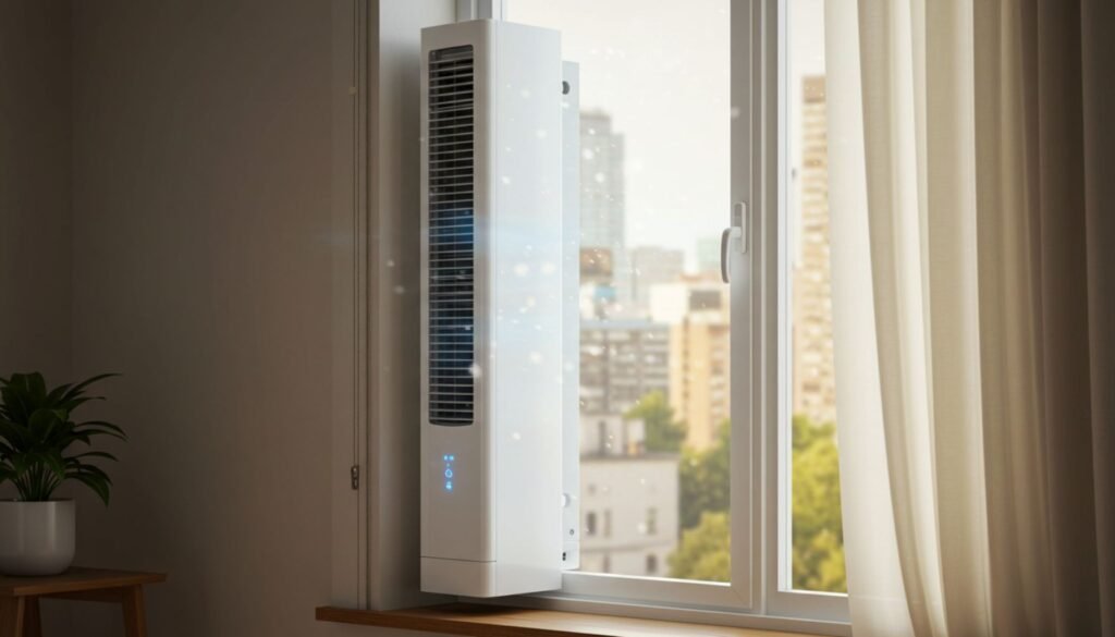 A sleek, modern air conditioner mounted in a window, with sunlight streaming in and a view of a bustling city outside.