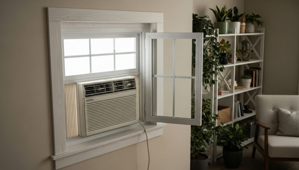 An window ac ductless installed in a window with potted plants nearby and a cozy armchair in a well-decorated living room.