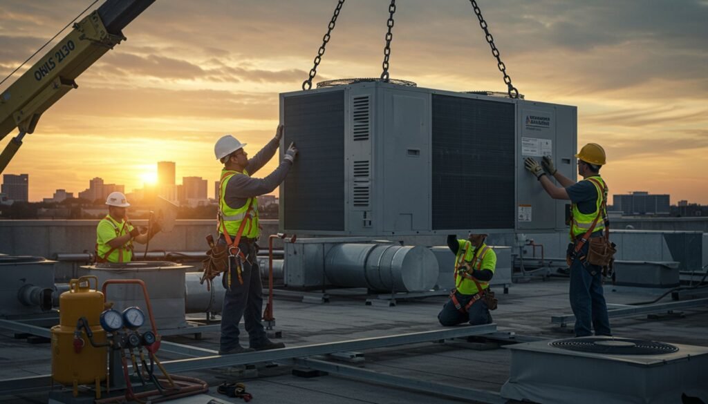 Several construction workers in safety gear install a large commercial ac unit installation on a rooftop at sunset, with a city skyline in the background.