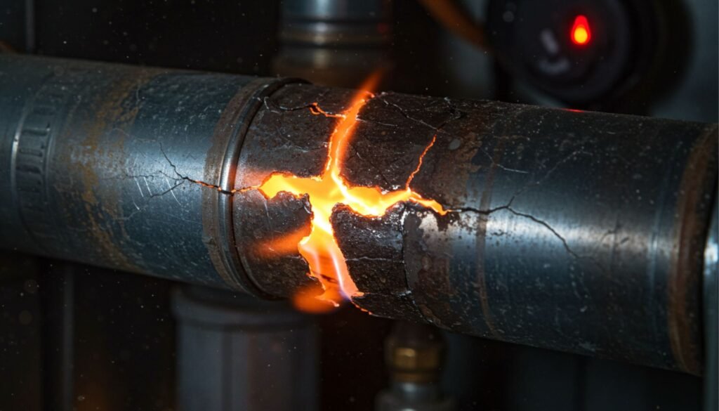 A close-up of a cracked heat exchanger with visible flames emerging from the break, highlighting severe damage and potential hazard.