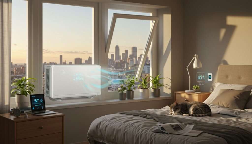 Cozy bedroom with an midea window heat pump in the window, a sleeping cat on the bed, plants, and a digital thermostat displaying 30°C.