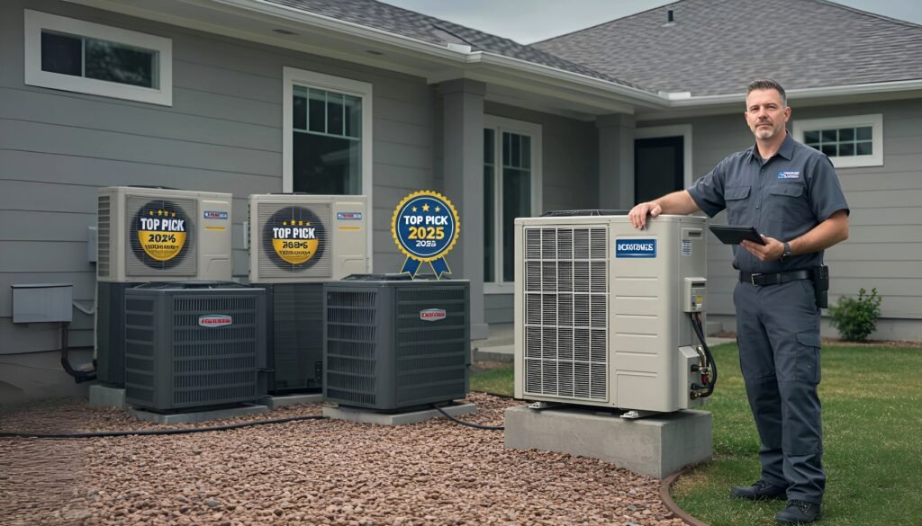 A technician showcases top-rated, most dependable HVAC units heat pump from 2020 to 2025