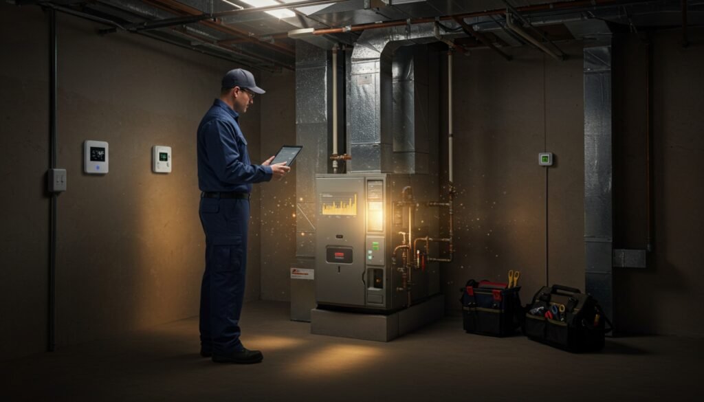 A technician inspects a furnace, analyzing the time in the furnace meaning.
