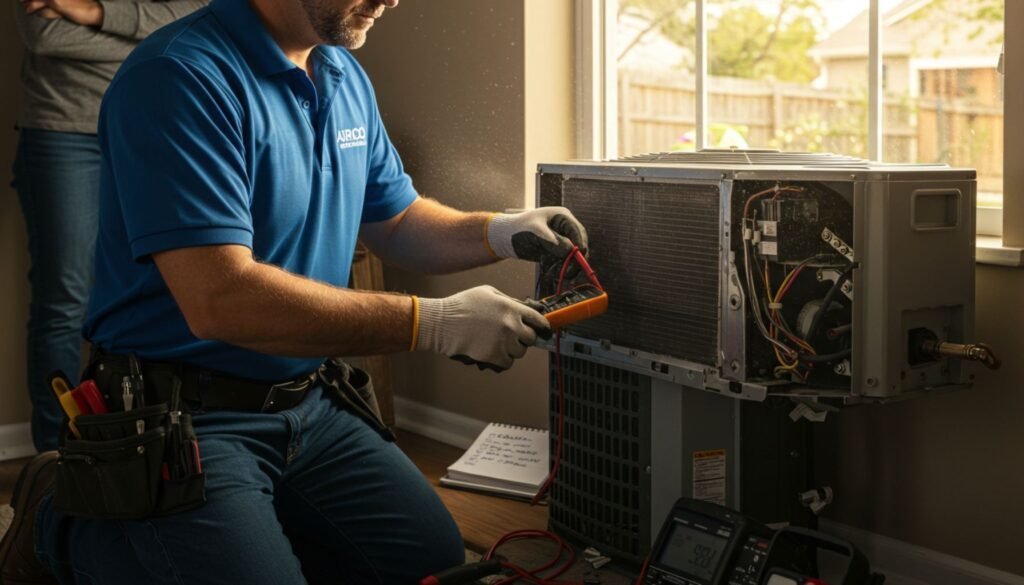 An window air conditioner repairer in a blue shirt tests an air conditioning unit with a multimeter, while a woman observes nearby.