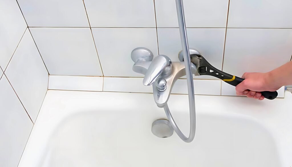 A hand using a wrench to adjust a silver bathtub faucet leaking, with white tiles and a clean white tub in the background.