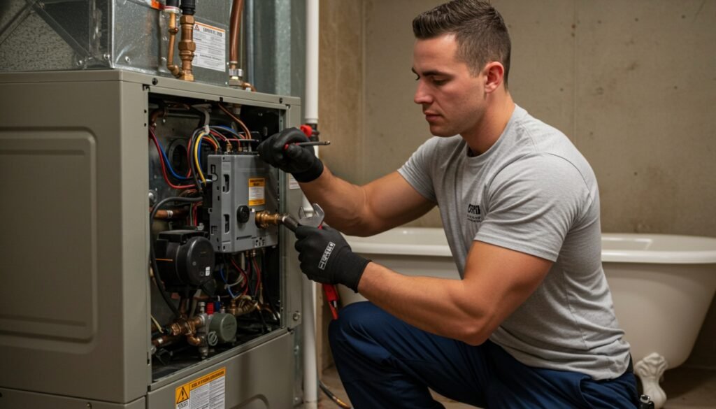 A technician in a gray shirt and black gloves is changing furnace ignitor, using hand tools amidst colorful wiring in a basement setting.