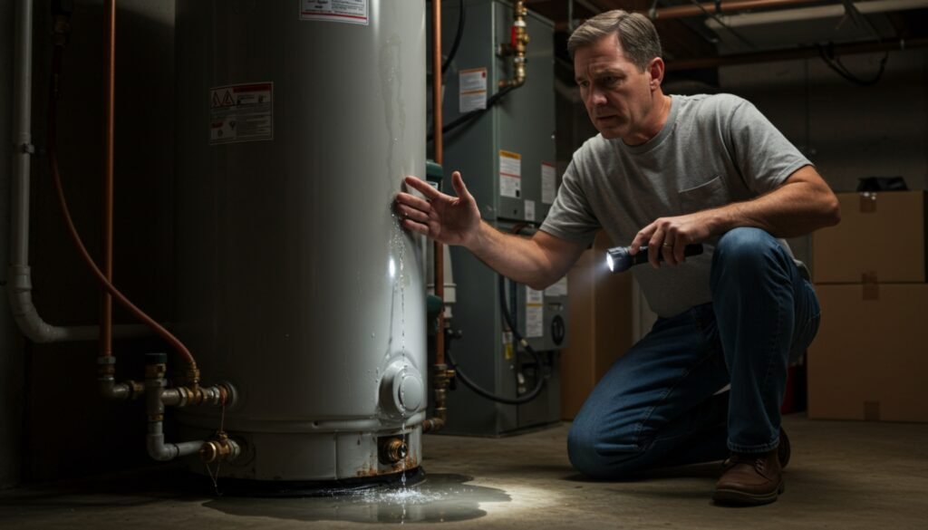 A person kneels beside a hot water heater leaking in a dim basement, inspecting a leak using a flashlight. Water pools on the floor nearby.