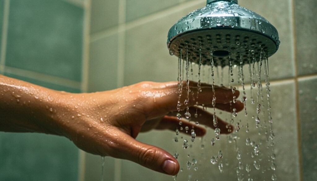 A close-up of a hand reaching towards a shower dripping shower head, with water cascading down in glistening droplets against tiled walls.