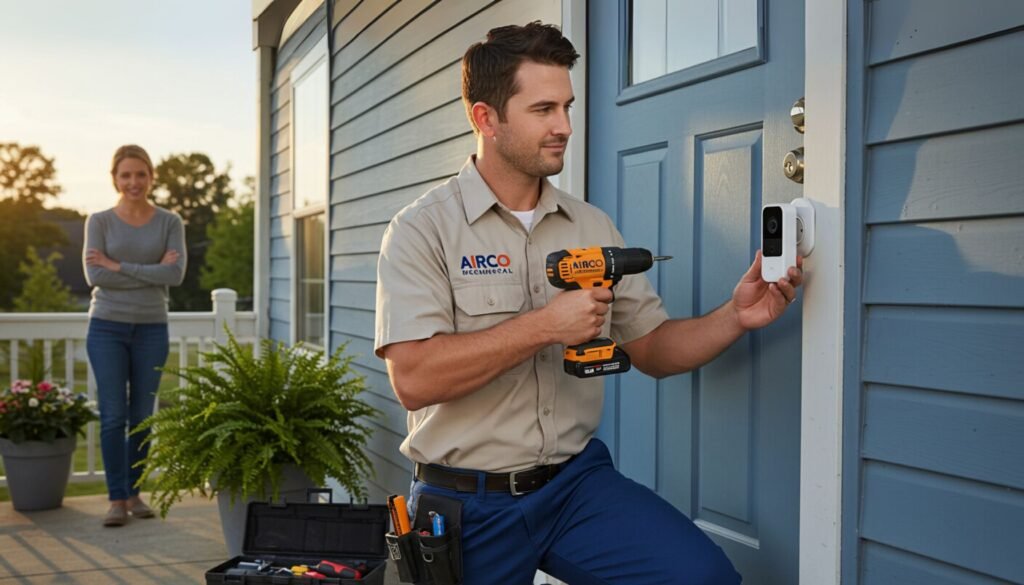 A Cute electrician in ring camera installation process.