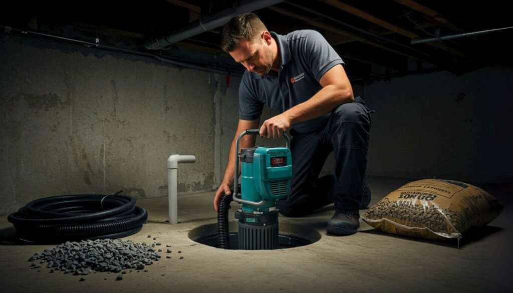 A worker operates a sump pump installation in a basement, surrounded by gravel, a hose, and a bag of stones, with a concrete wall in the background.
