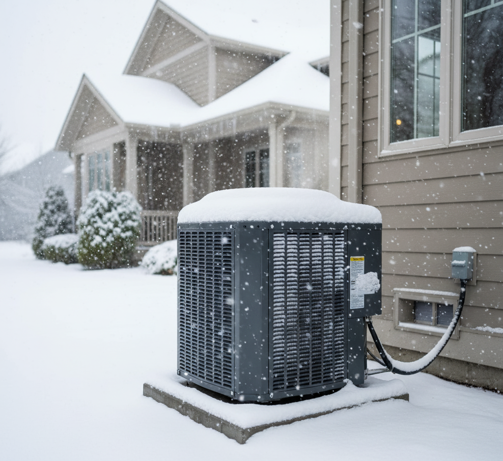 Heat Pump for Cold Climates placed outside the house in snow