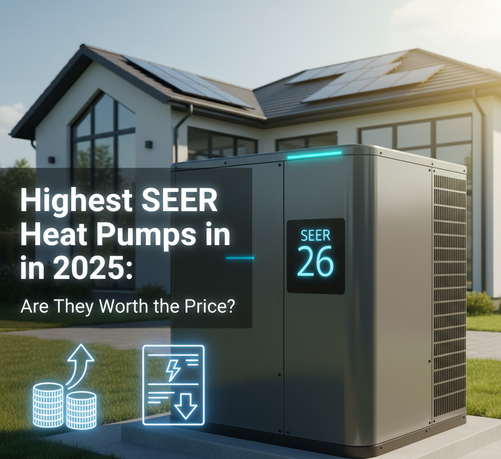 Highest SEER Heat Pump showing 26 temperature and in the background there is a big house