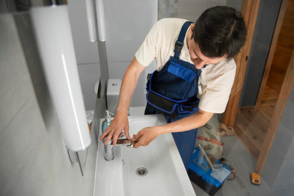 plumber inspecting the bathroom sink and doing his work which is Bathroom Plumbing